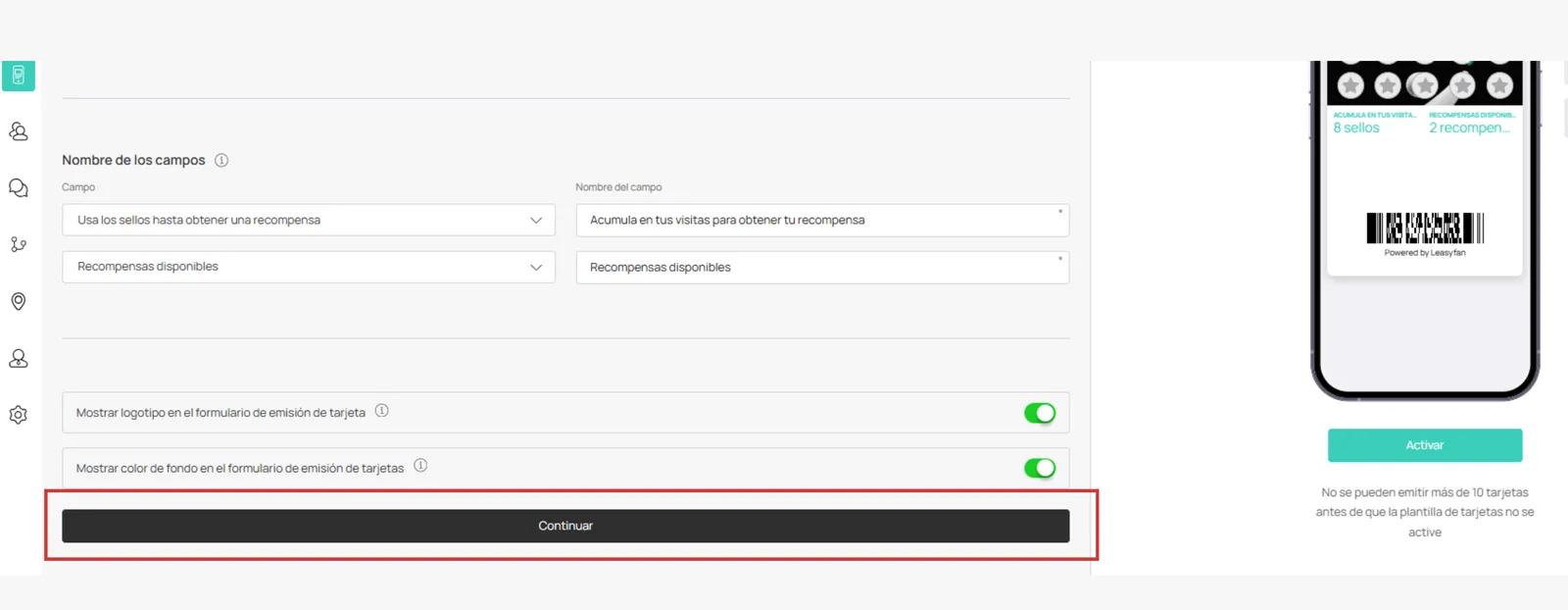 Botón Continuar después de Diseño
