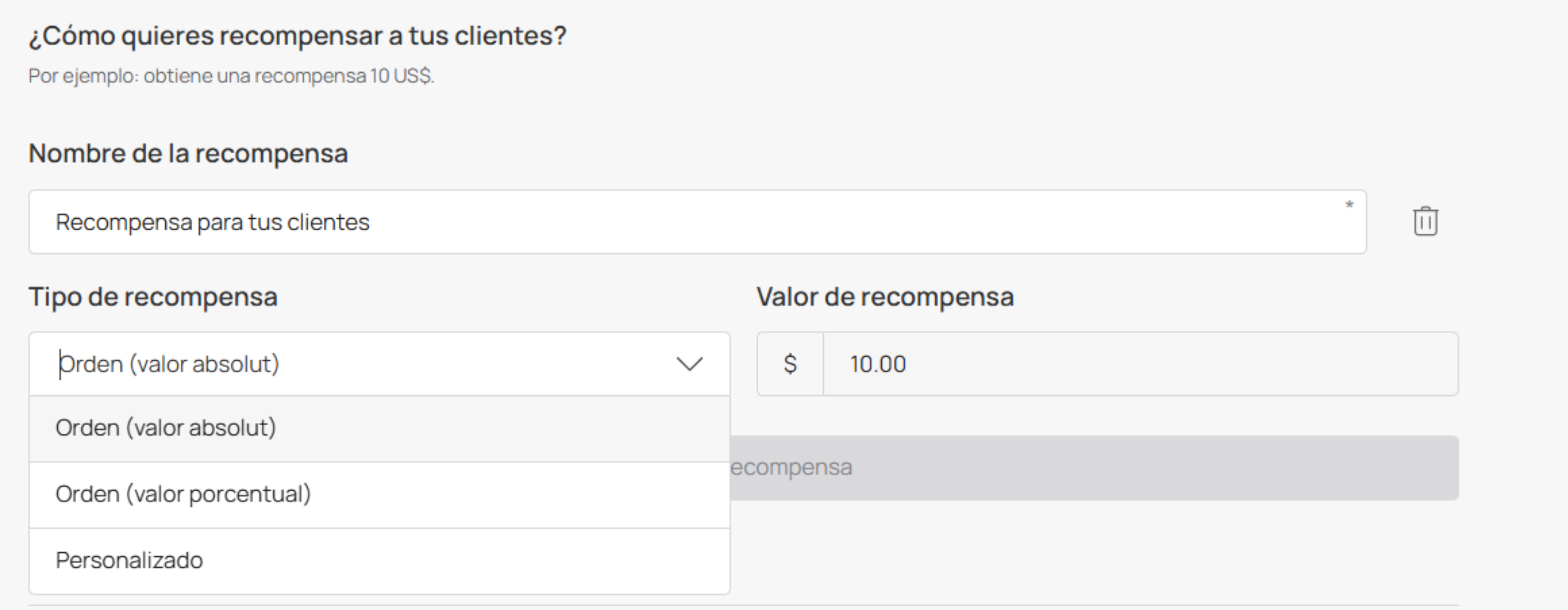 Campo de recompensa y costo