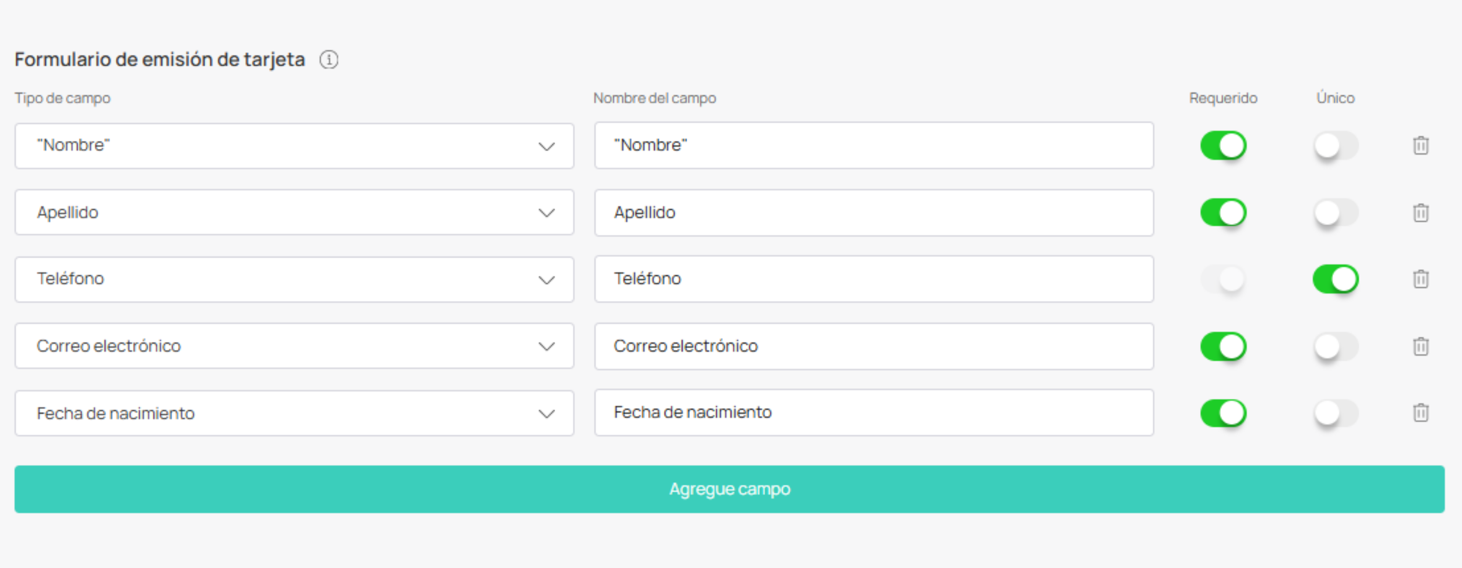 Configuración de campos del formulario de emisión