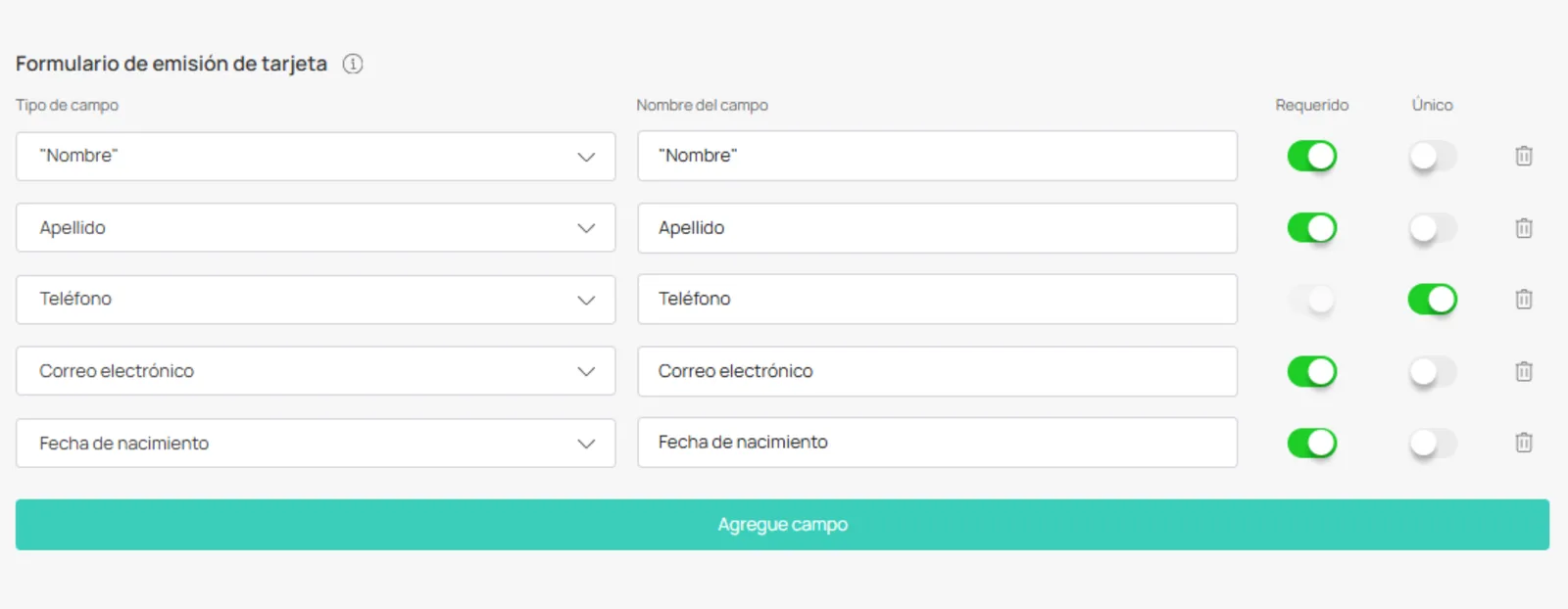 Configuración de campos del formulario de emisión
