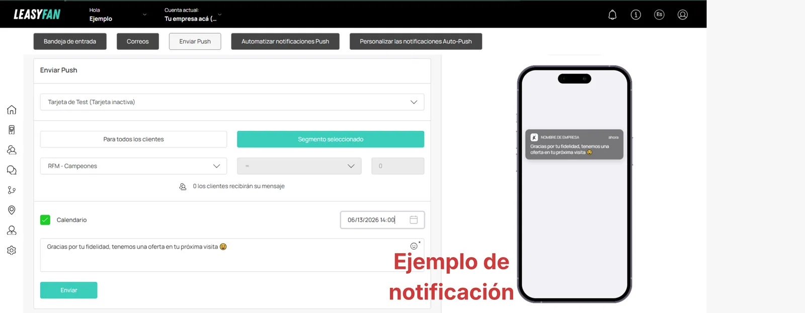 Configuración de push de marketing / reglas de segmentación