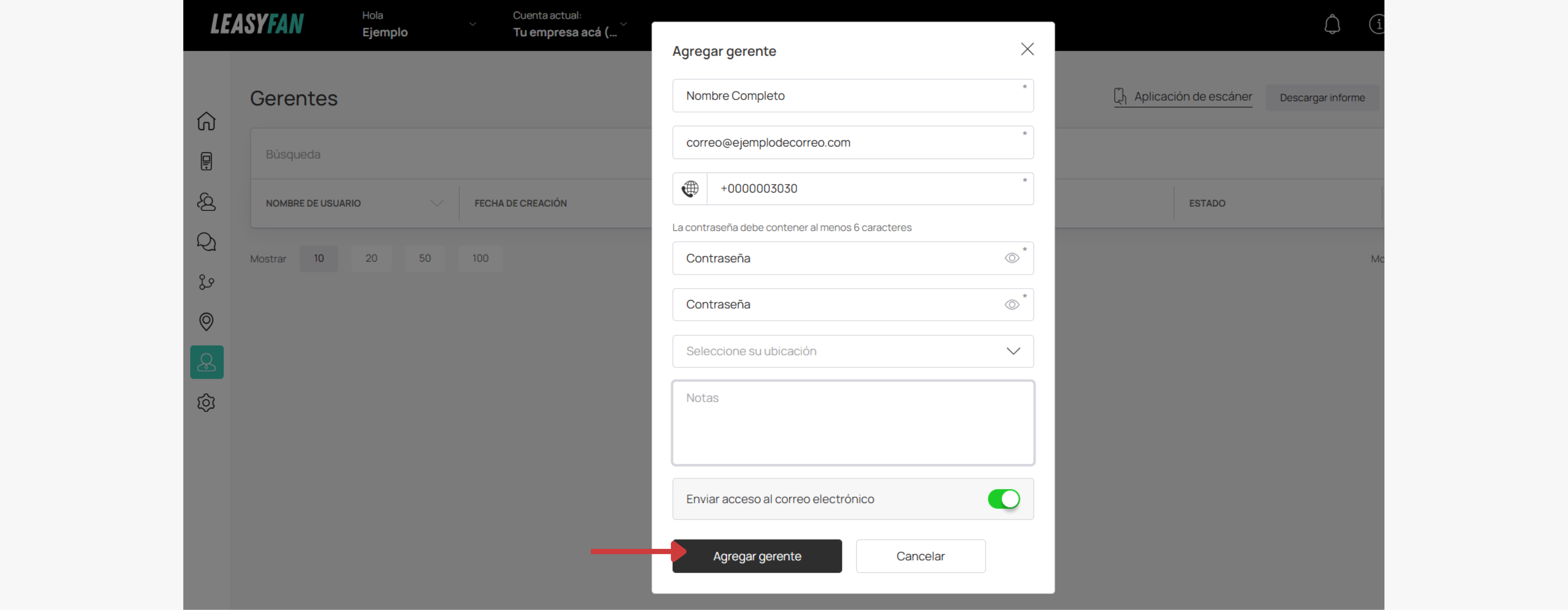 Configuración opcional y botón crear