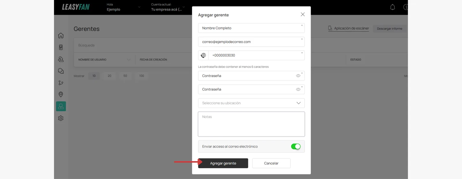 Configuración opcional y botón crear