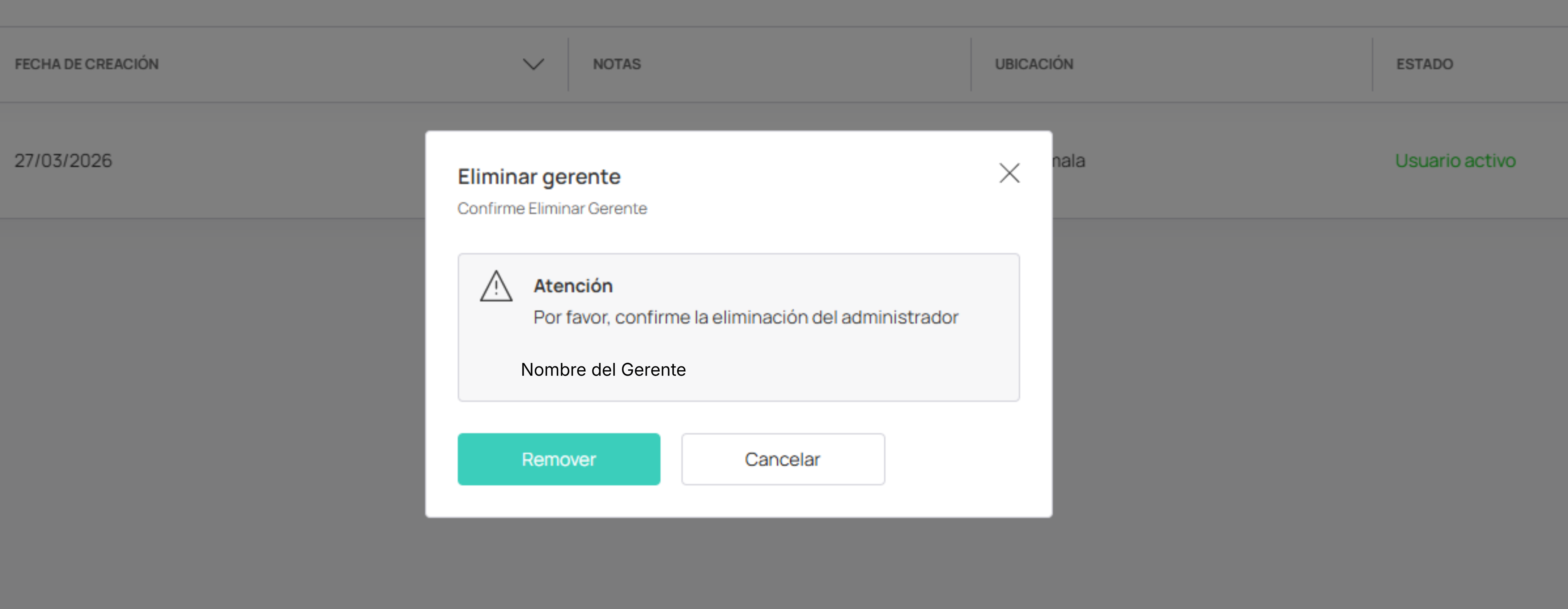 Confirmar eliminación de gerente