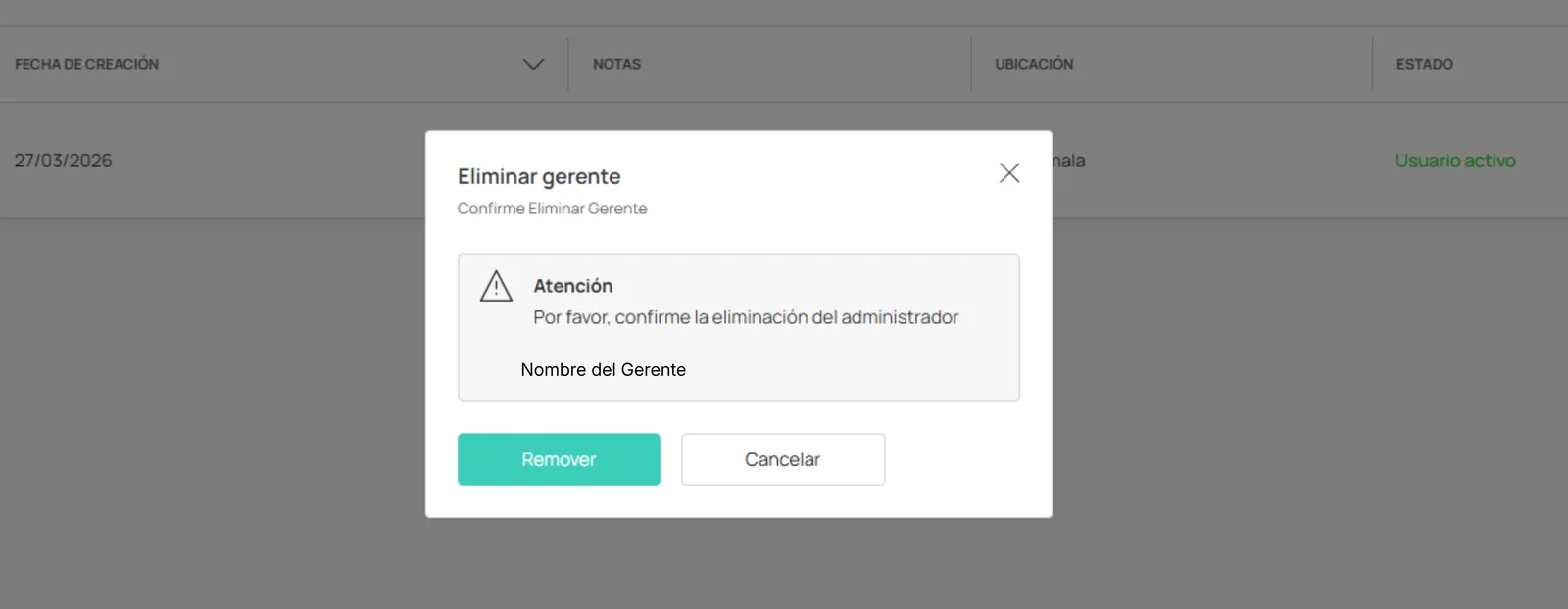 Confirmar eliminación de gerente
