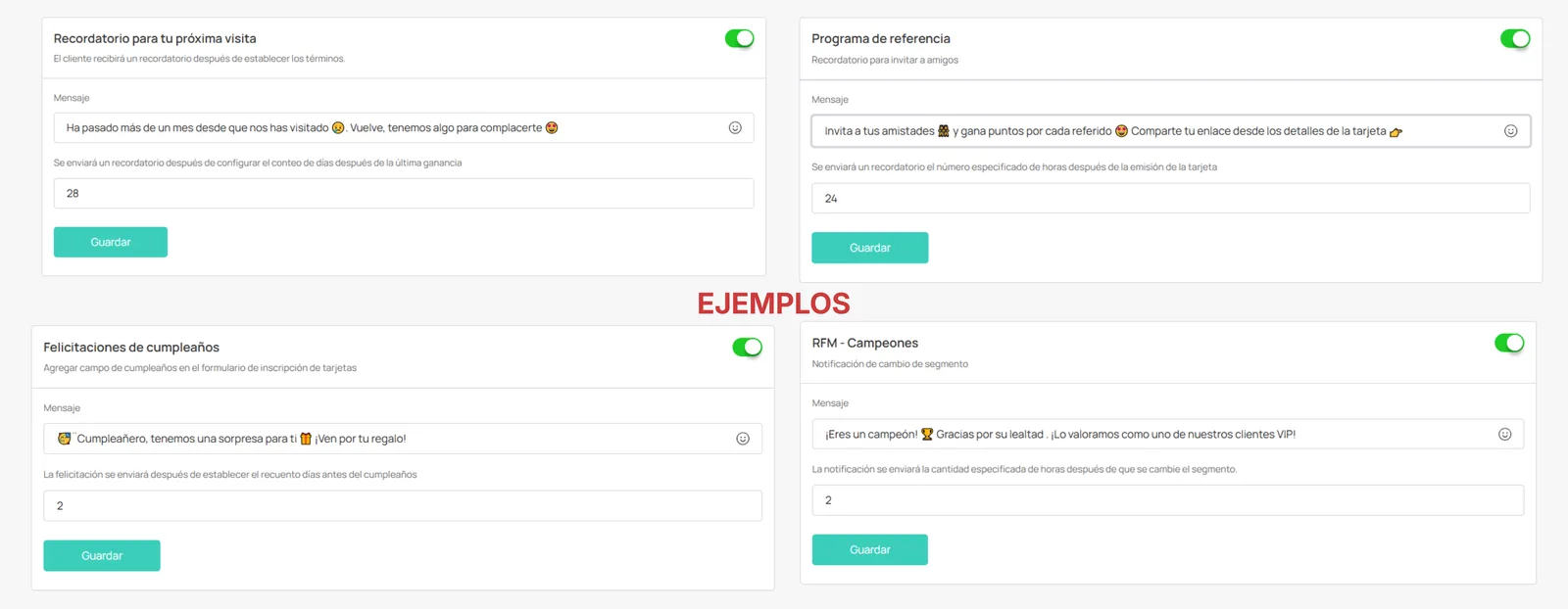 Controles de configuración de cada evento