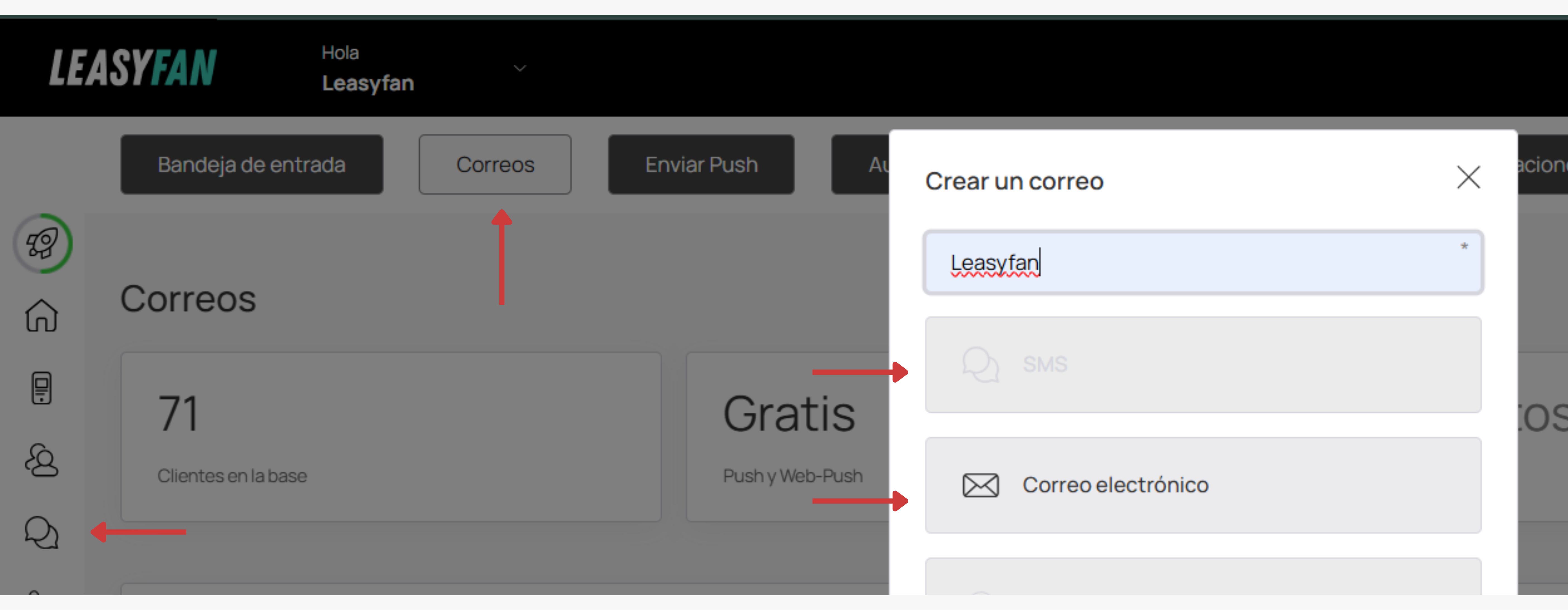 Crear envio / nombre, canal, botón crear