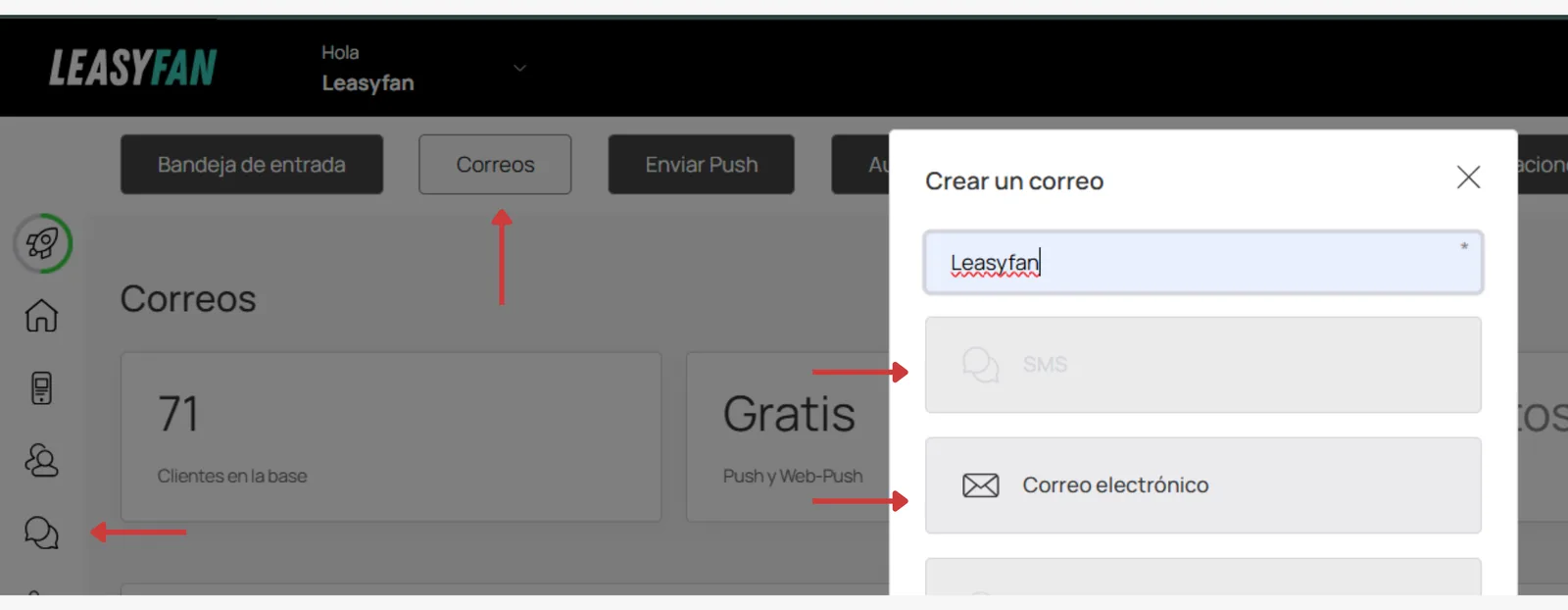 Crear envio / nombre, canal, botón crear
