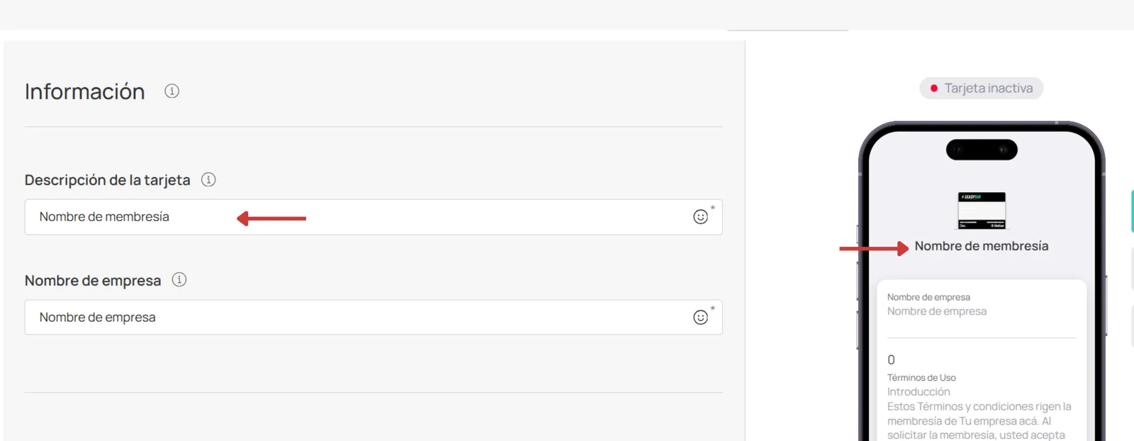 Descripción de la tarjeta Membresía