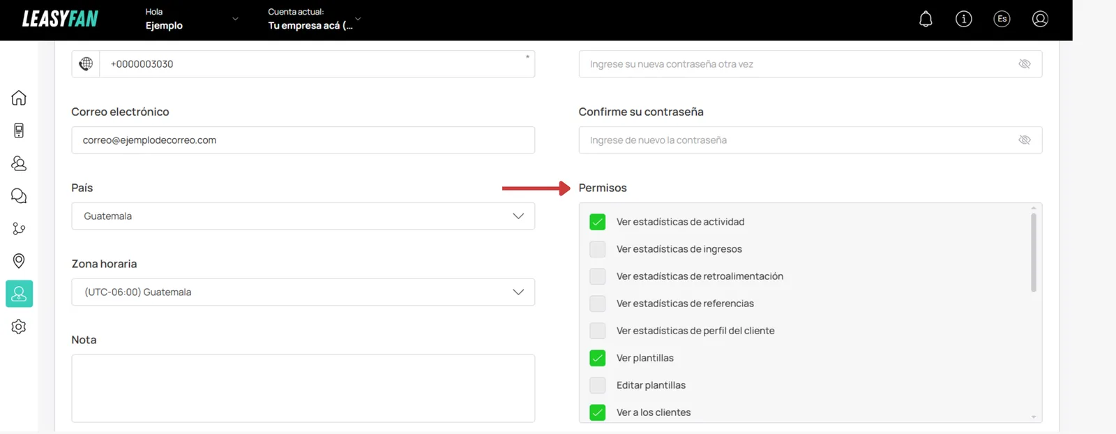 Edición de permisos del gerente