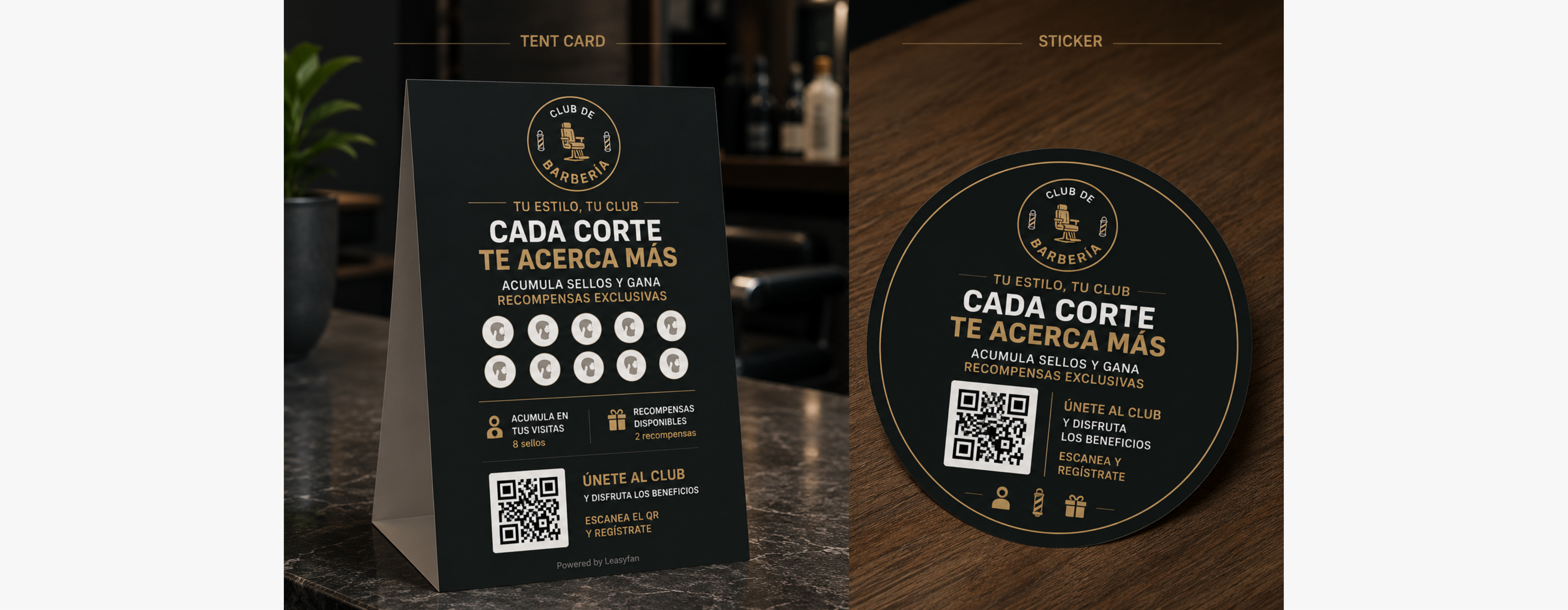 Ejemplos de tent cards y stickers con QR