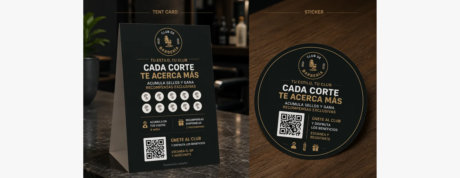 Ejemplos de tent cards y stickers con QR