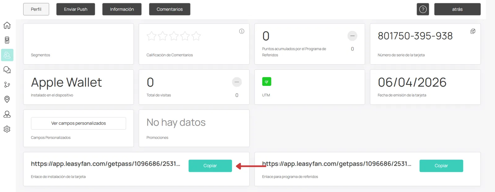 Enlace de instalación y botón Copiar