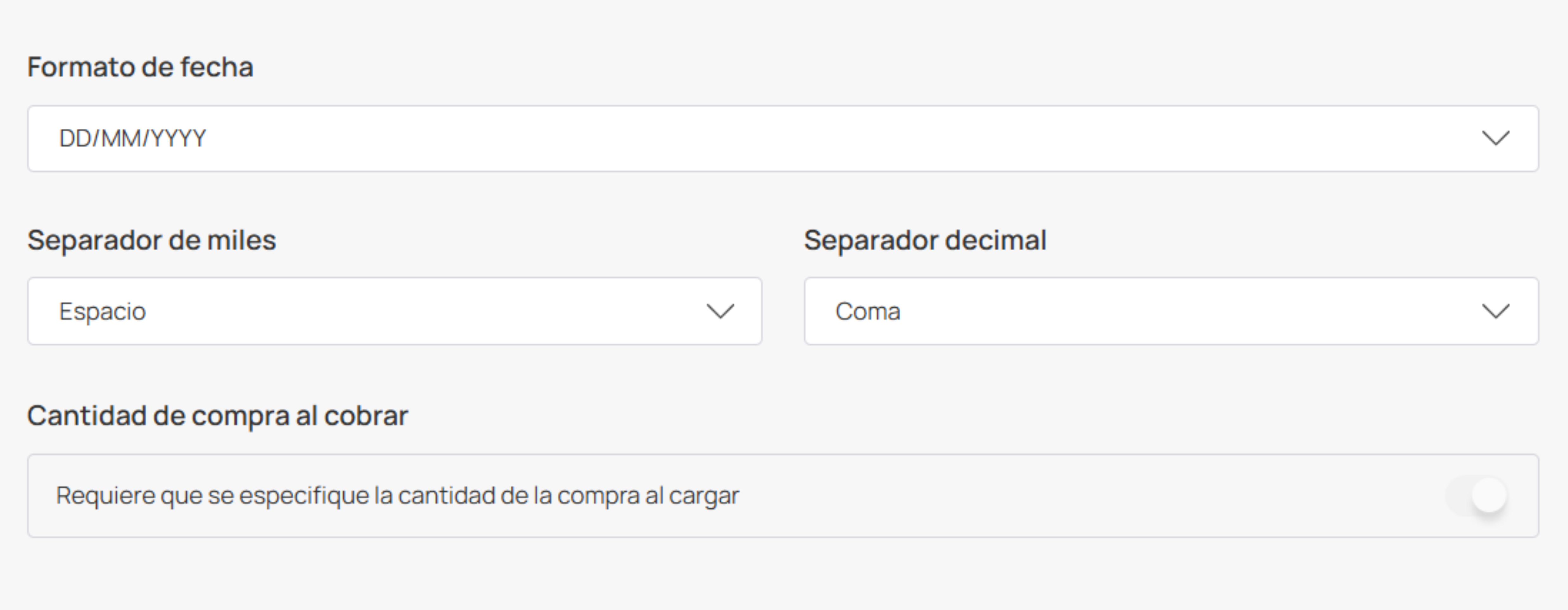 Formato de fecha, separadores y monto de compra