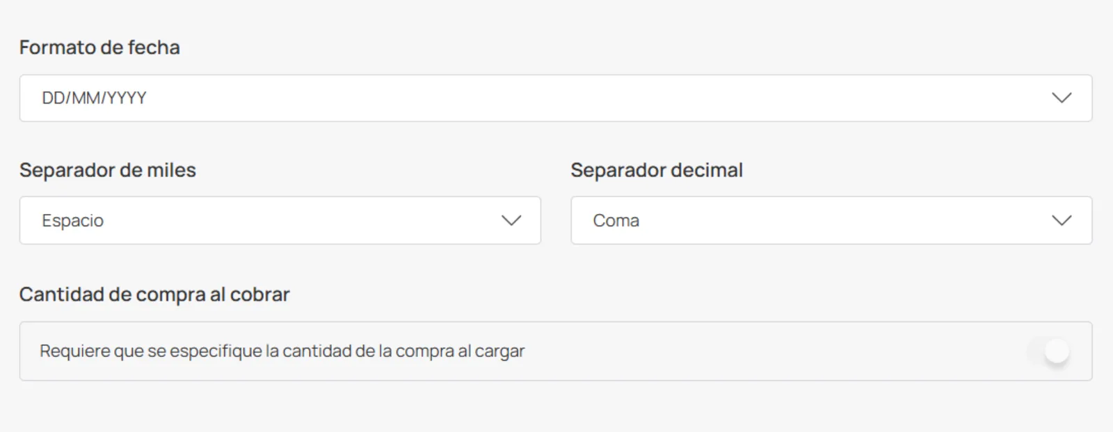 Formato de fecha, separadores y monto de compra