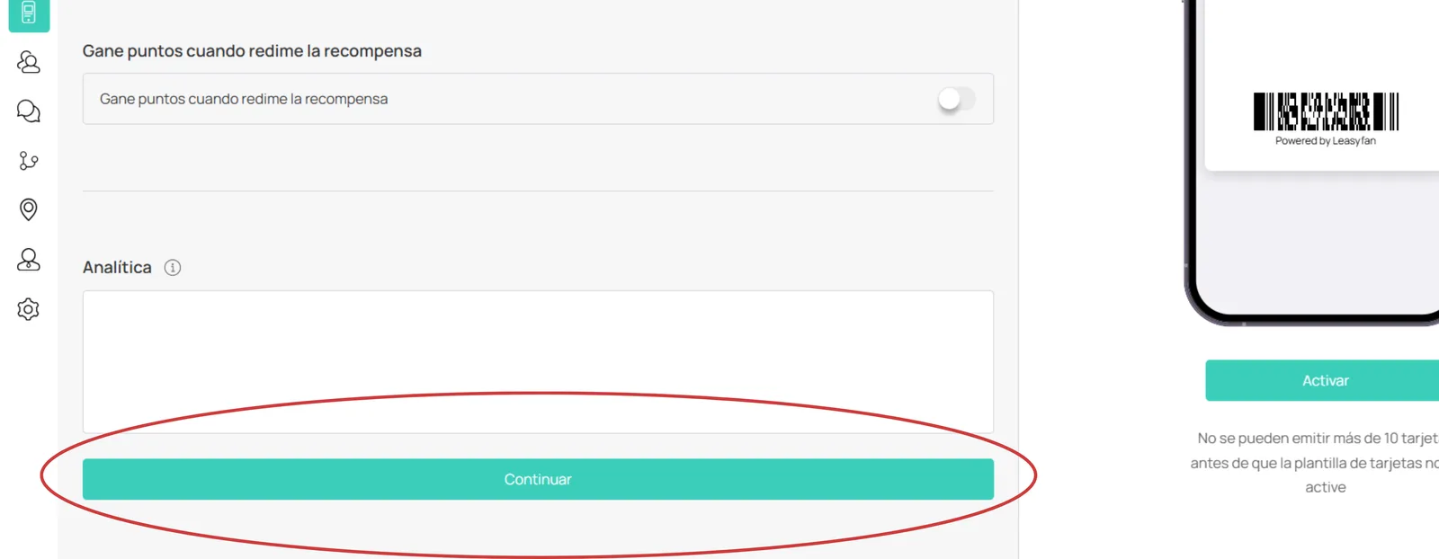 Botón Continuar después de Configuración