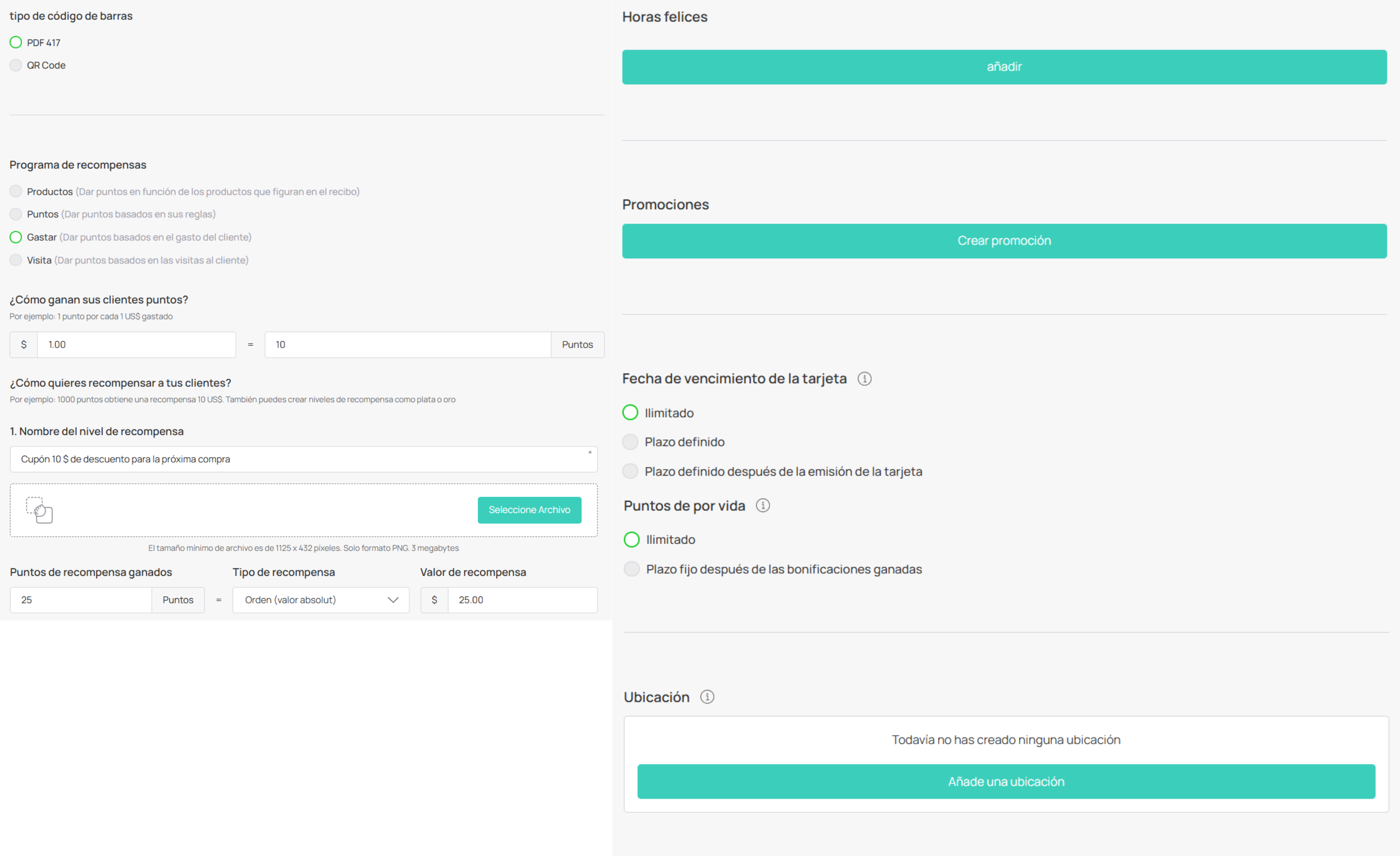 Pantalla de Configuración / configuración de la tarjeta