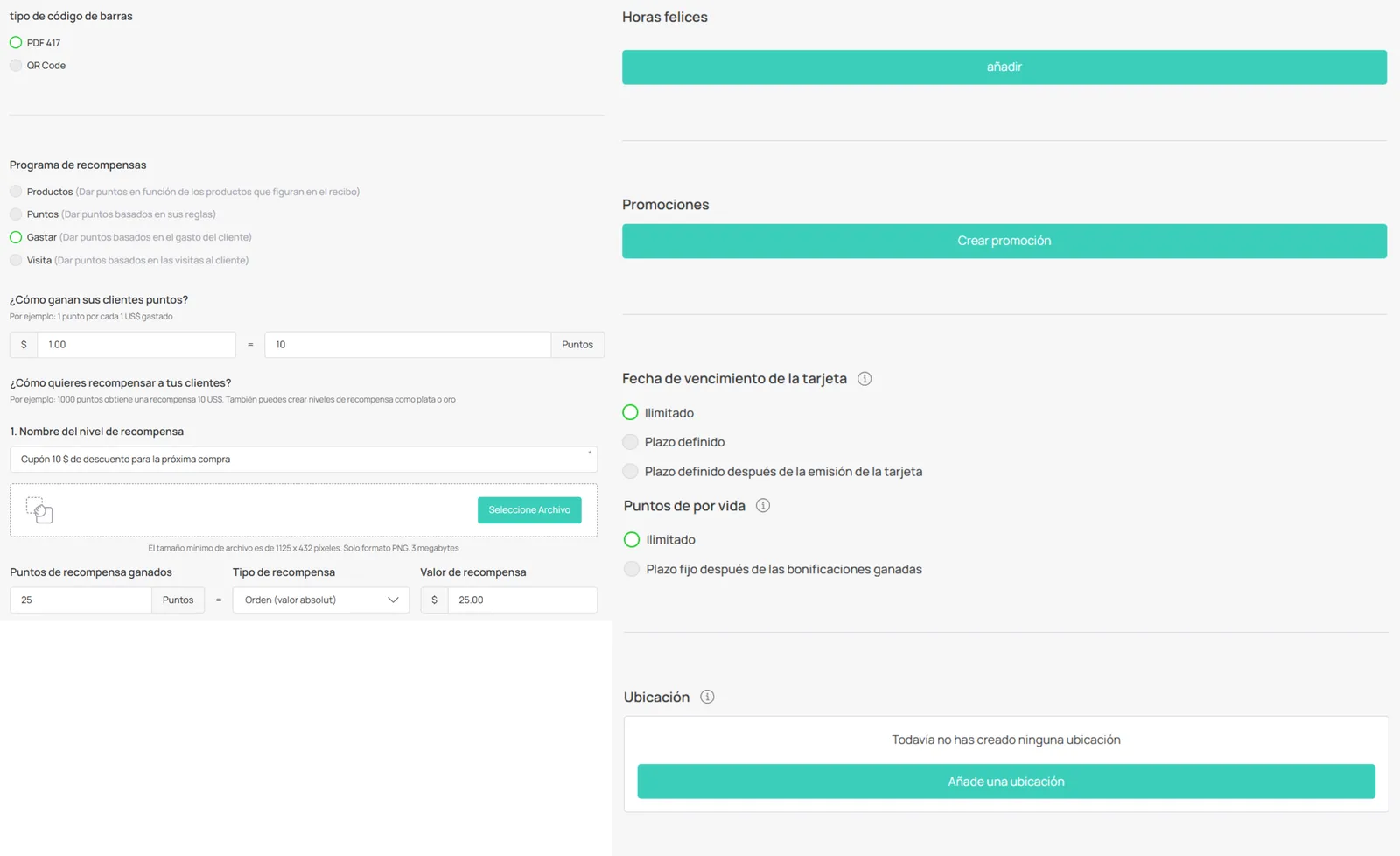 Pantalla de Configuración / configuración de la tarjeta