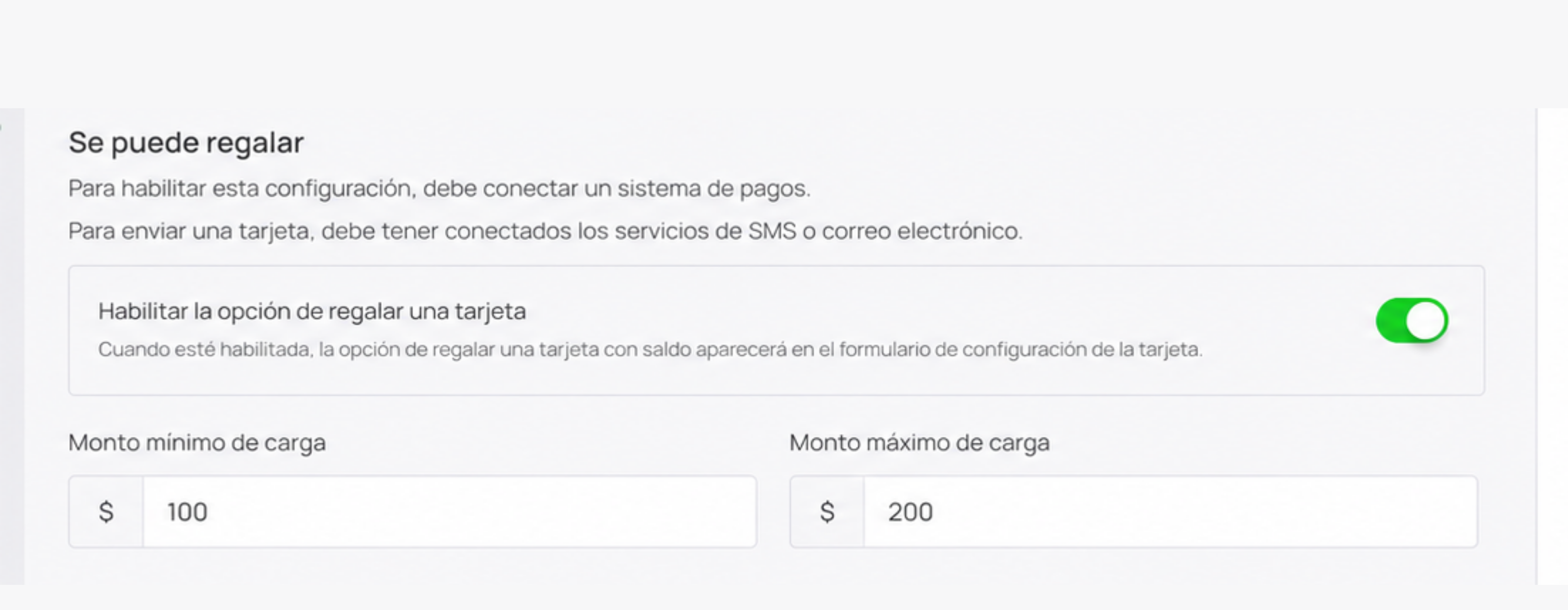 Límites de depósito Gift Card