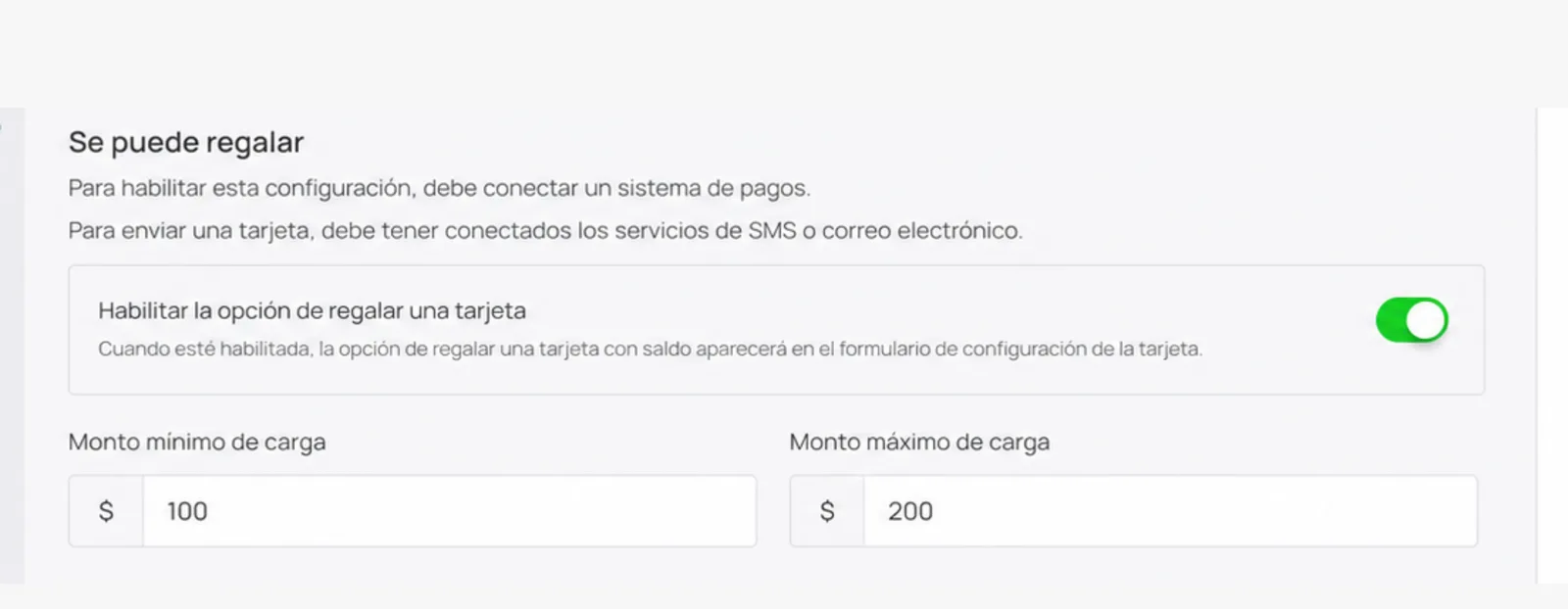 Límites de depósito Gift Card
