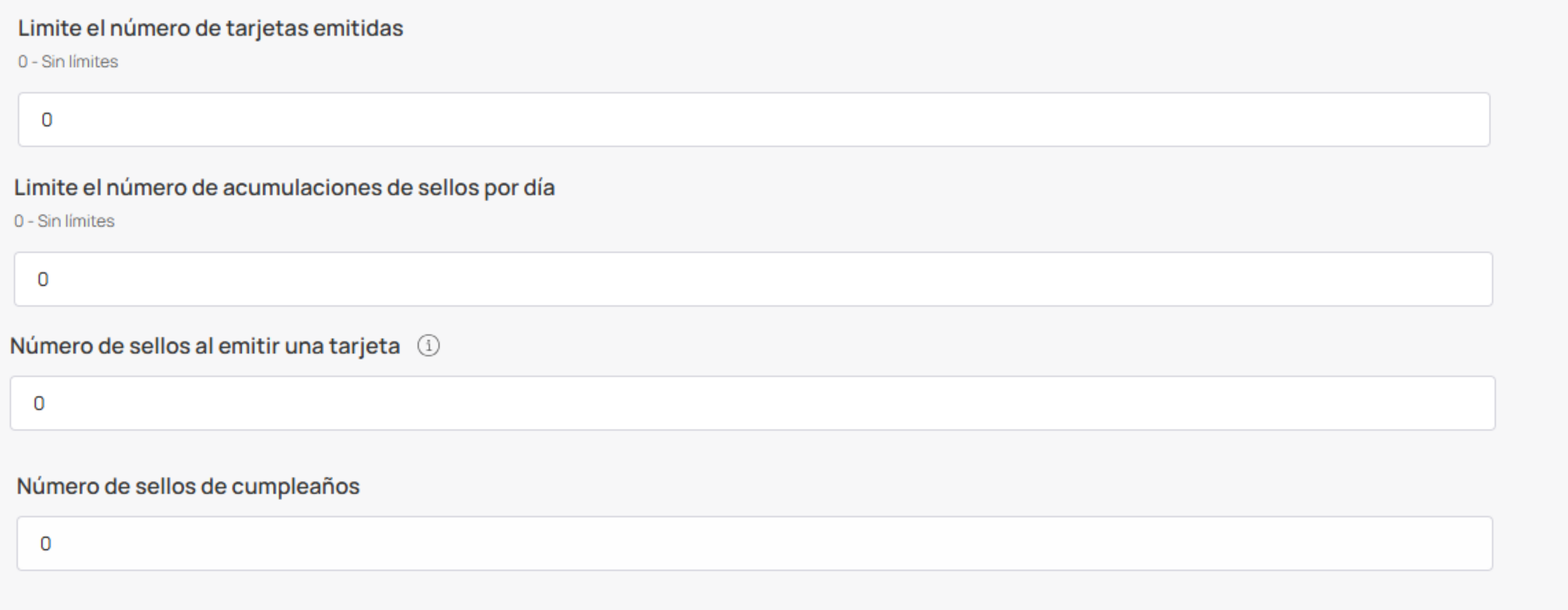 Límites de tarjeta, sellos diarios, sellos de bienvenida y cumpleaños