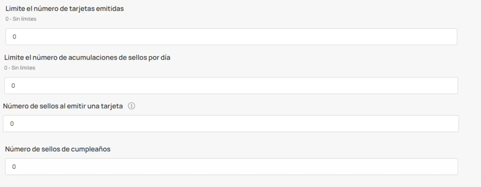 Límites de tarjeta, sellos diarios, sellos de bienvenida y cumpleaños