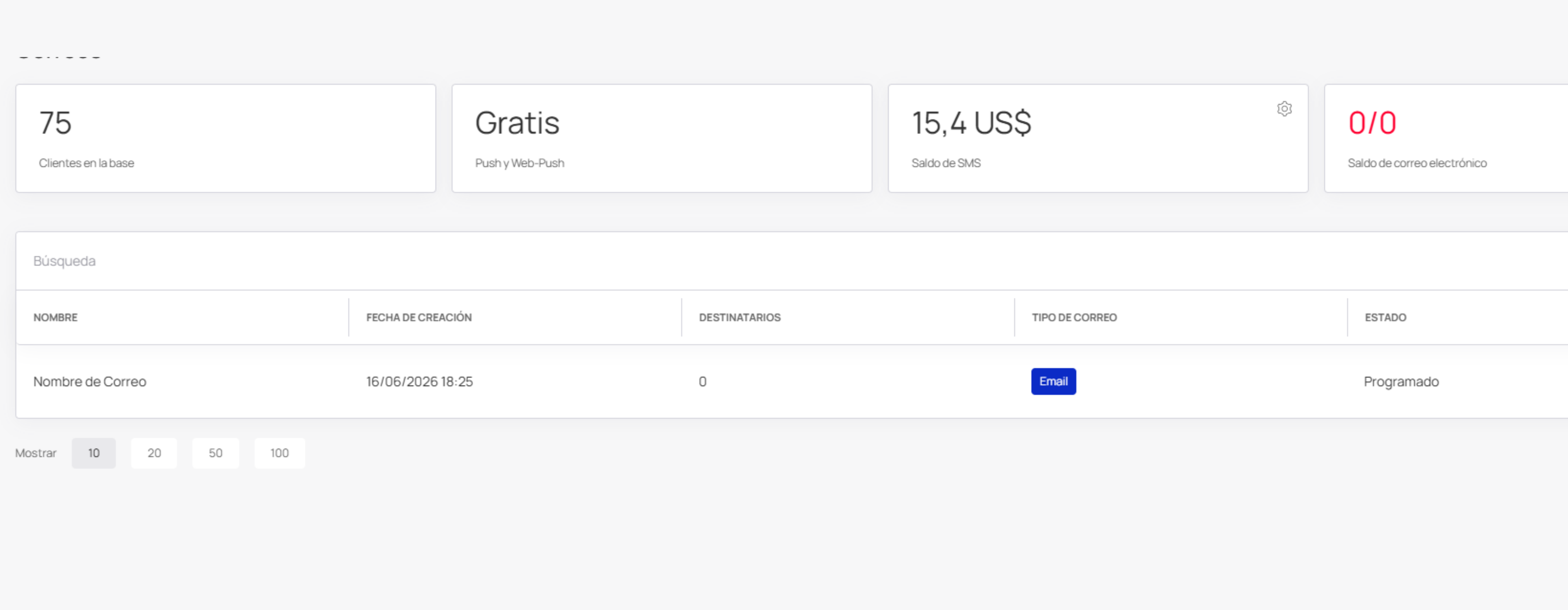 Lista de envios creados