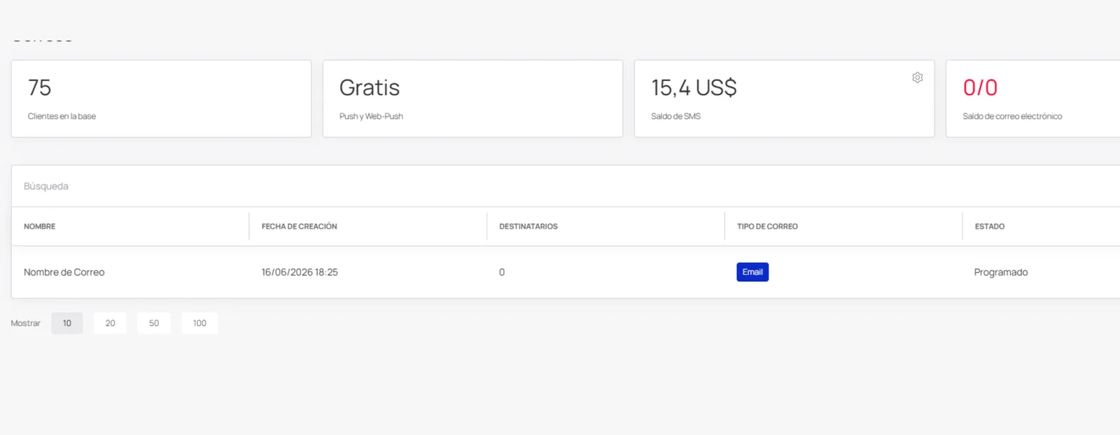 Lista de envios creados