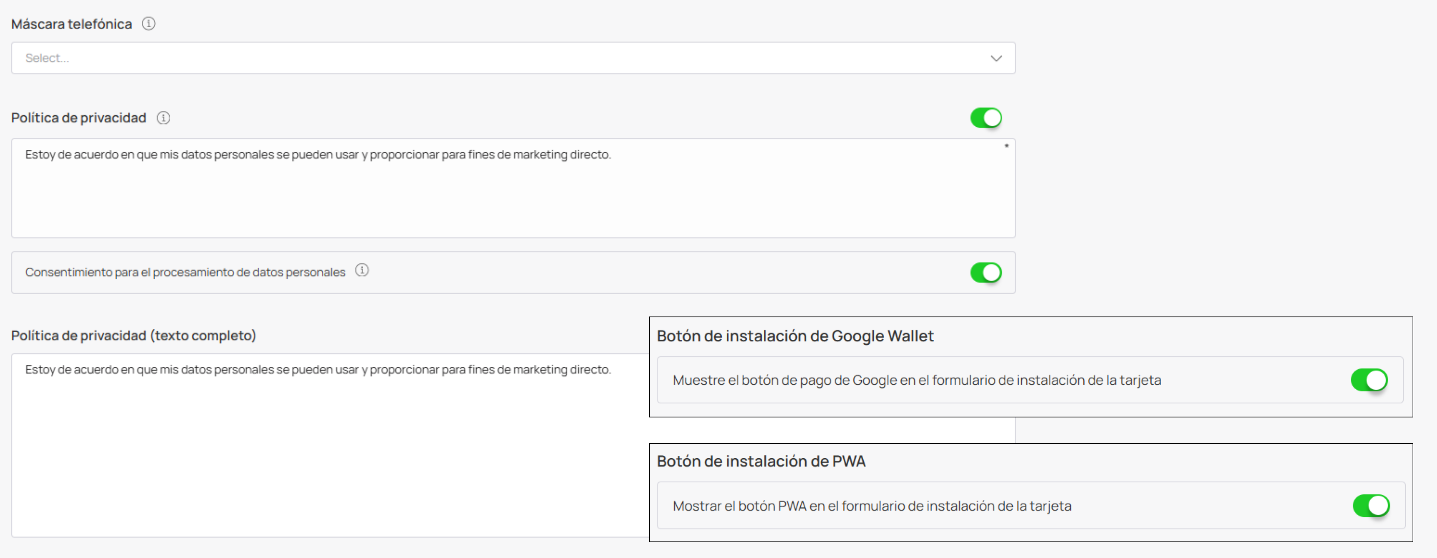 Máscara de teléfono, privacy, consent, Google Wallet y PWA