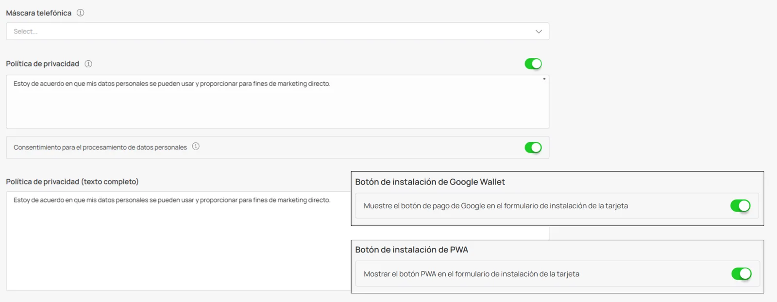 Máscara de teléfono, privacy, consent, Google Wallet y PWA