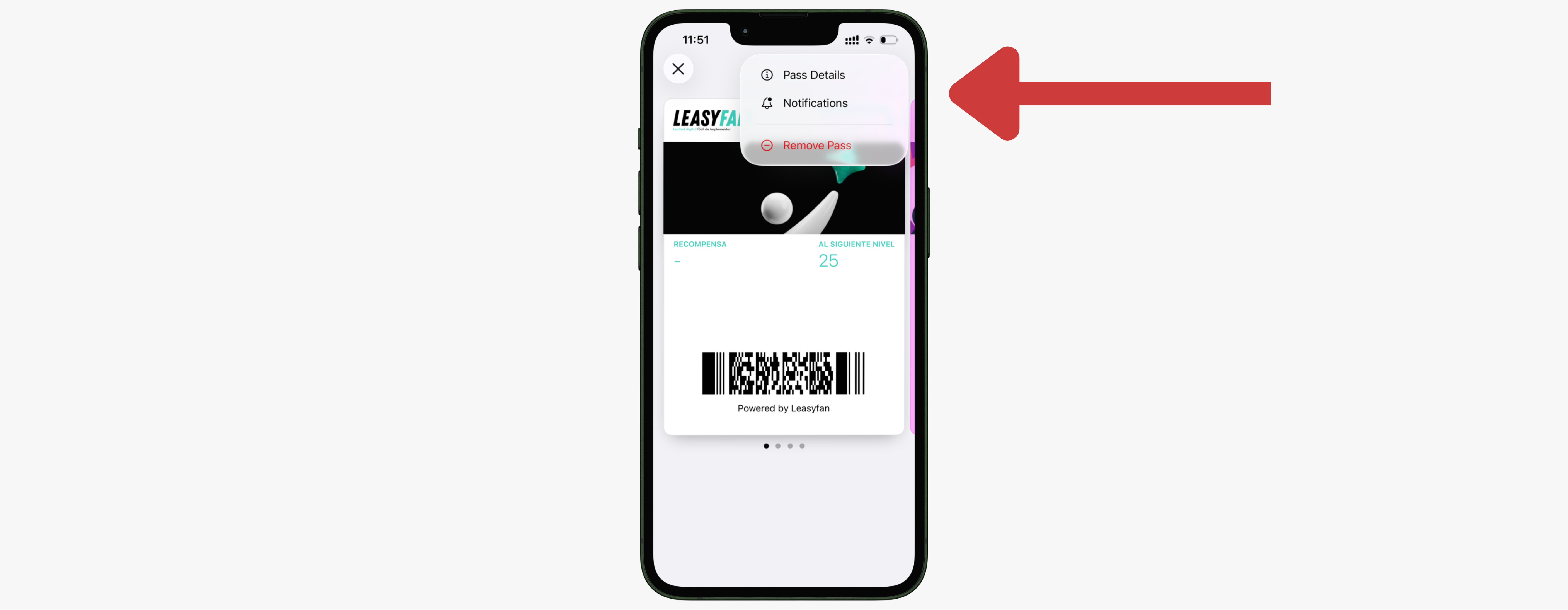 Menú de opciones de la tarjeta en Wallet