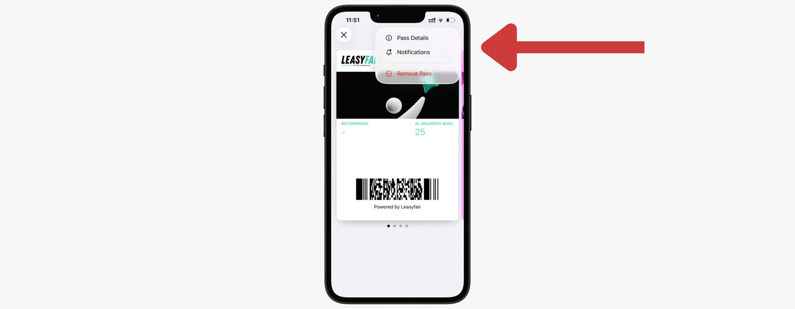 Menú de opciones de la tarjeta en Wallet