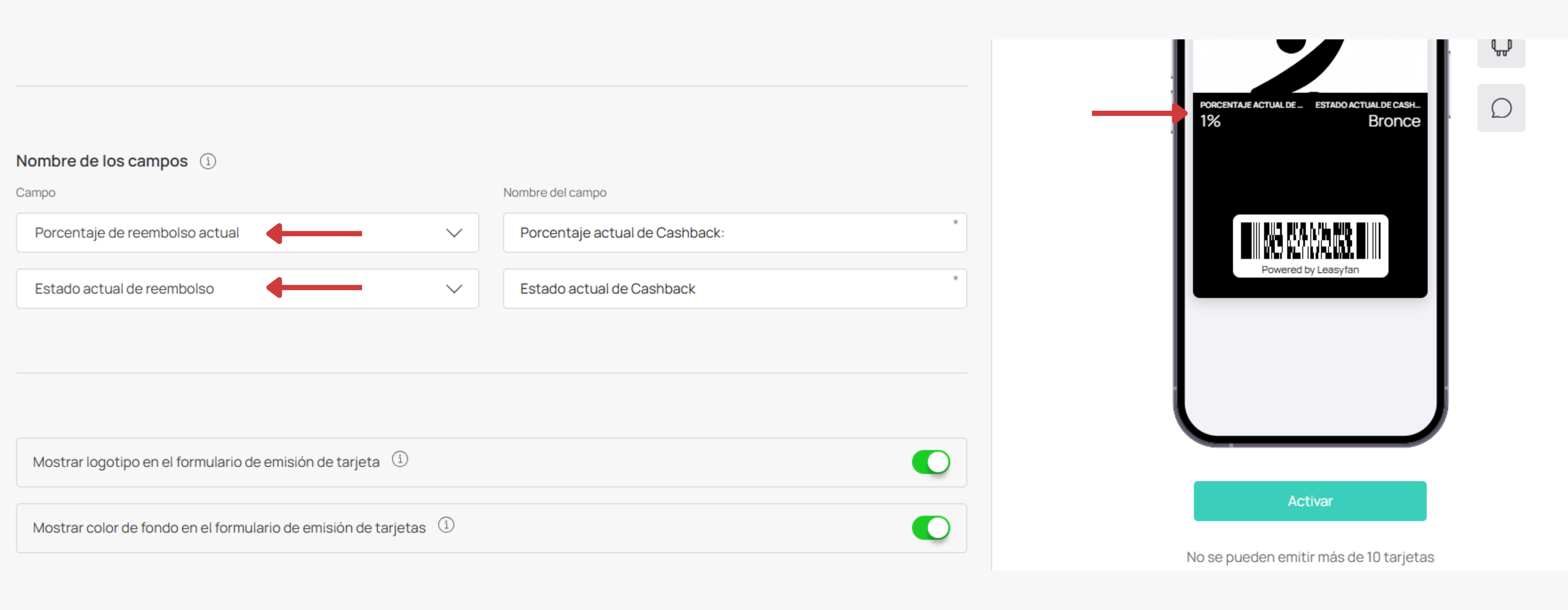Nombre de campos y visualización Cashback