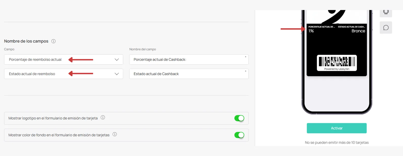 Nombre de campos y visualización Cashback