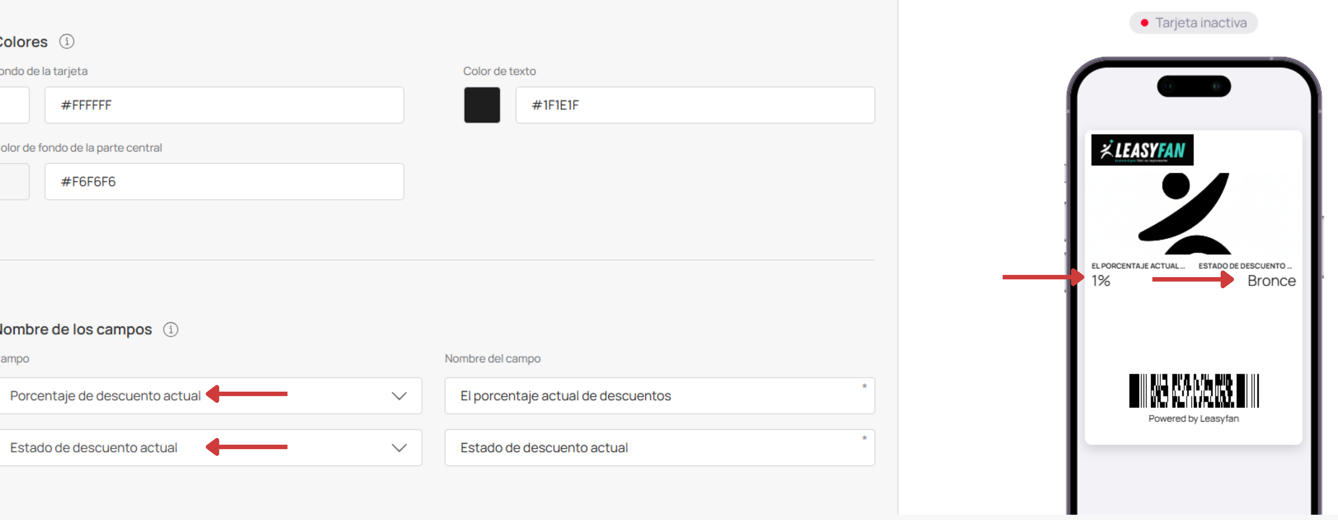 Nombre de campos y visualización Descuento