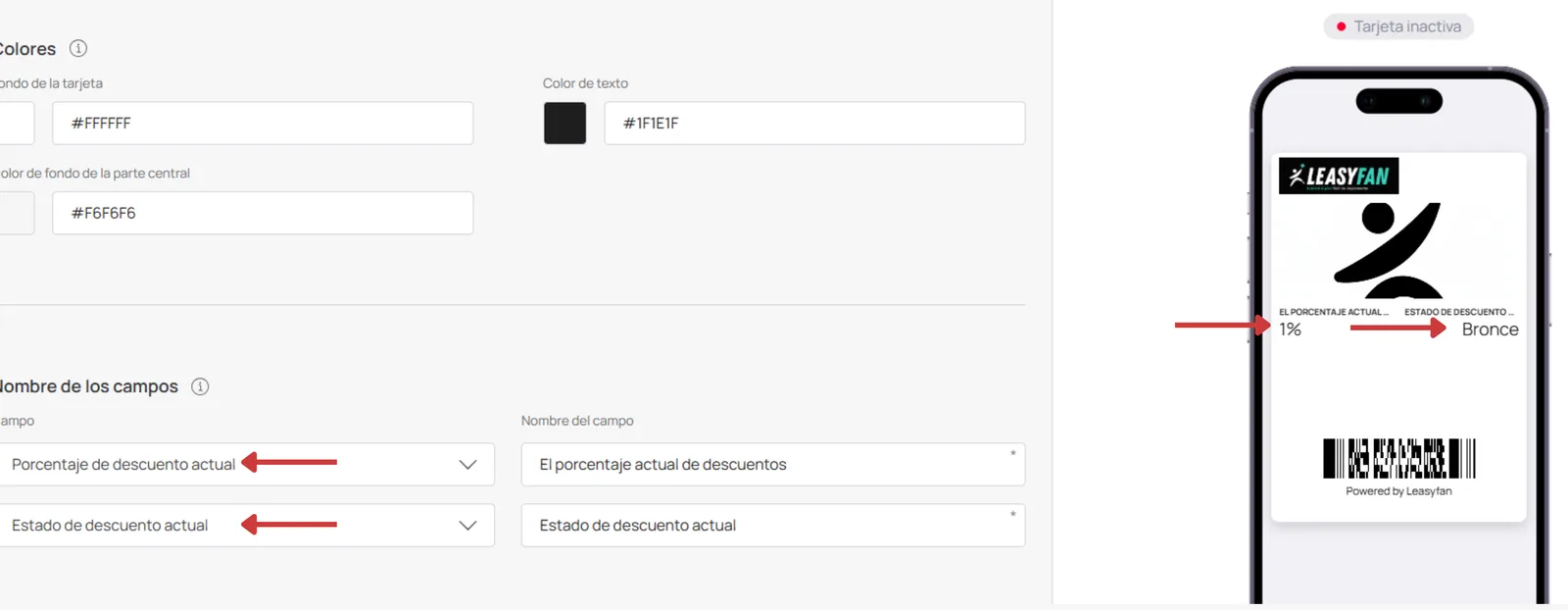 Nombre de campos y visualización Descuento
