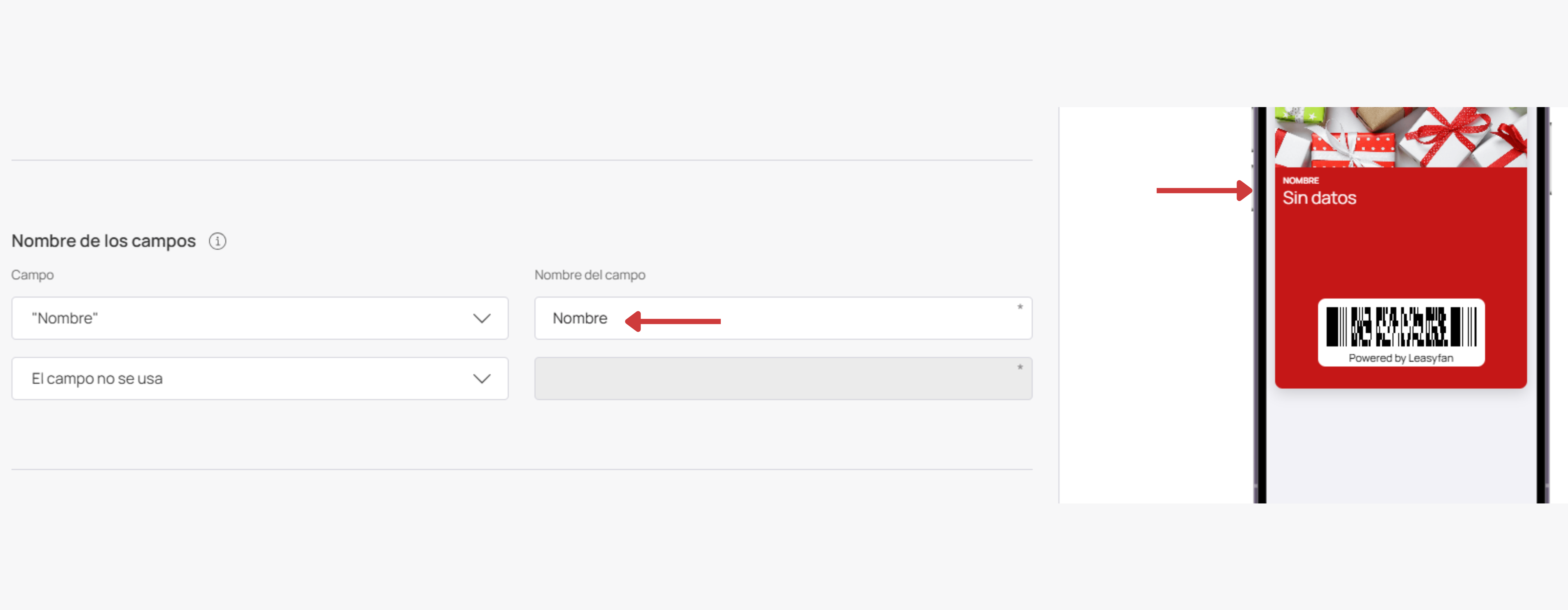 Nombre de campos y visualización Gift Card