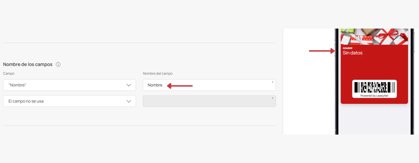 Nombre de campos y visualización Gift Card