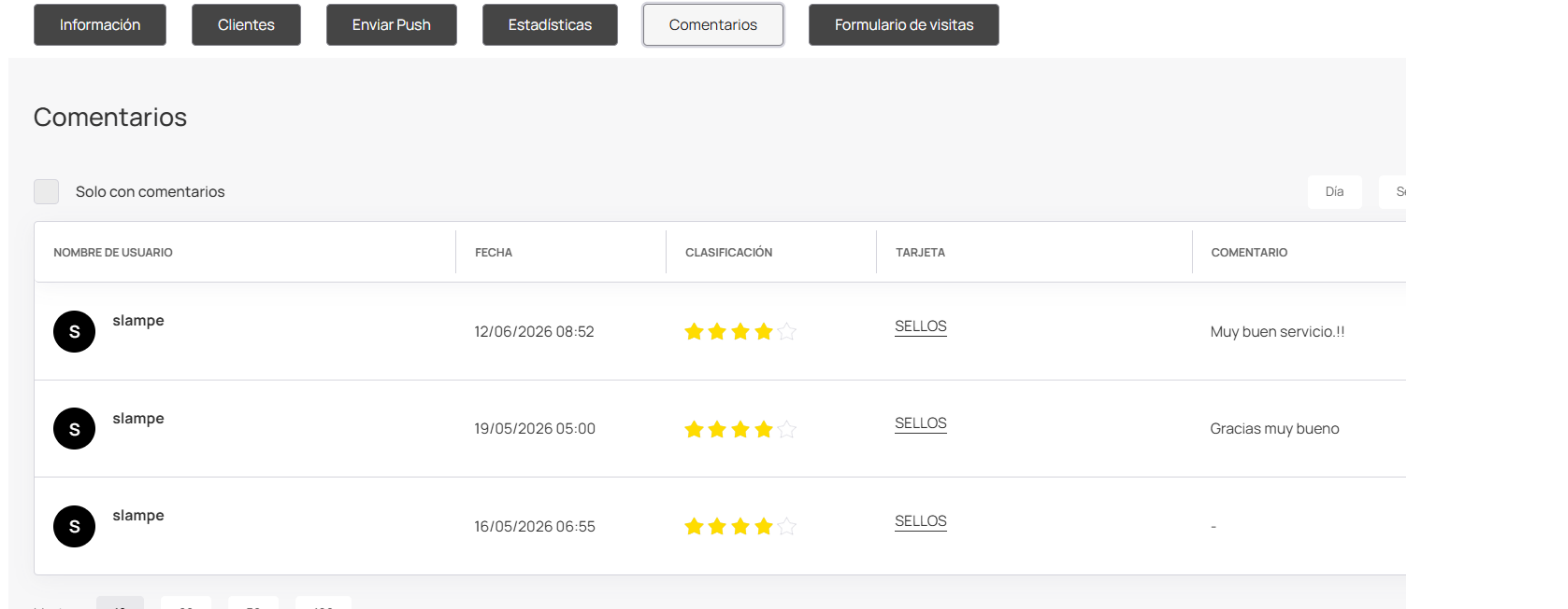 Opciones de feedback con enlaces configurados