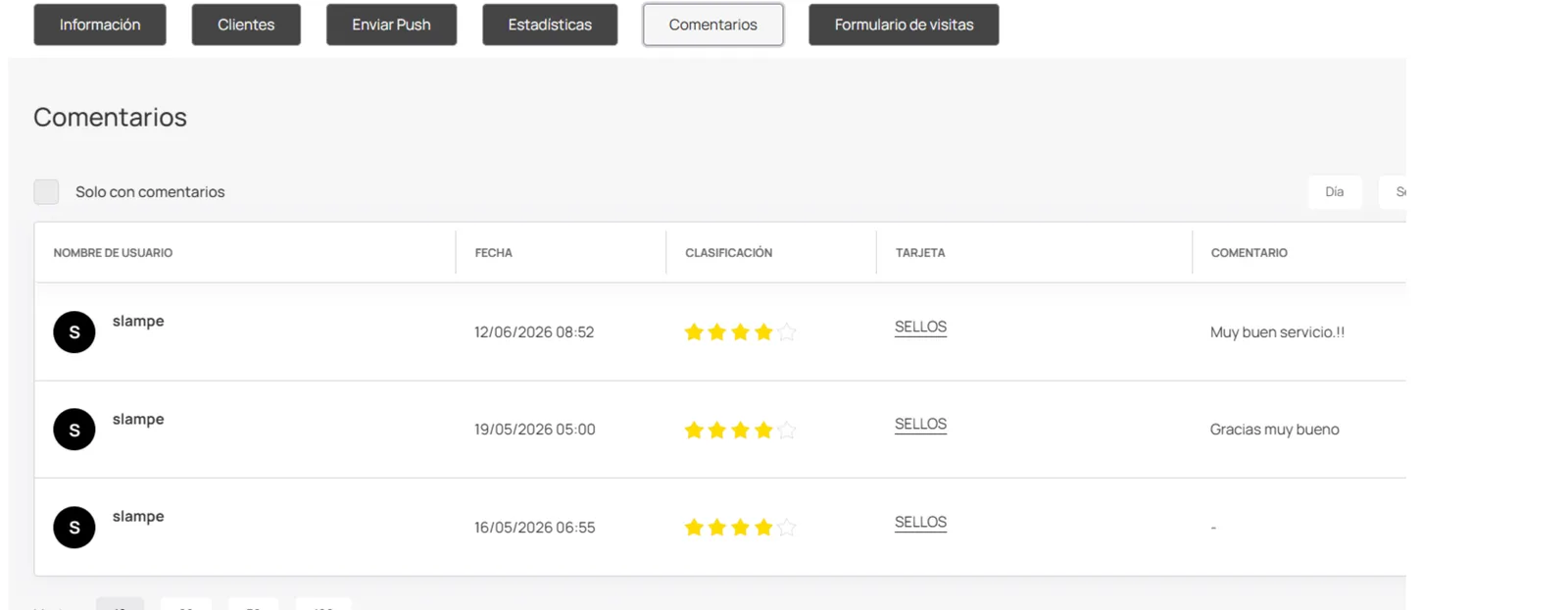 Opciones de feedback con enlaces configurados