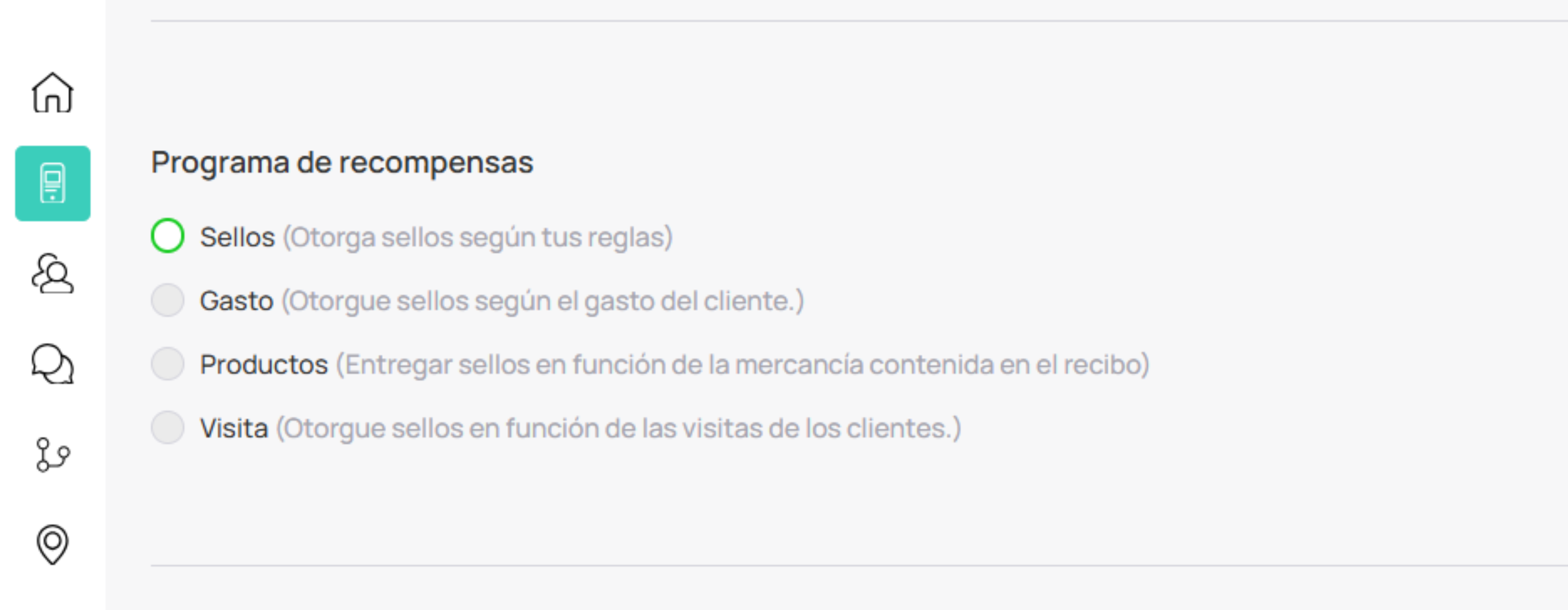 Opciones del programa de recompensas (Spend, Visit, Stamps, Products)