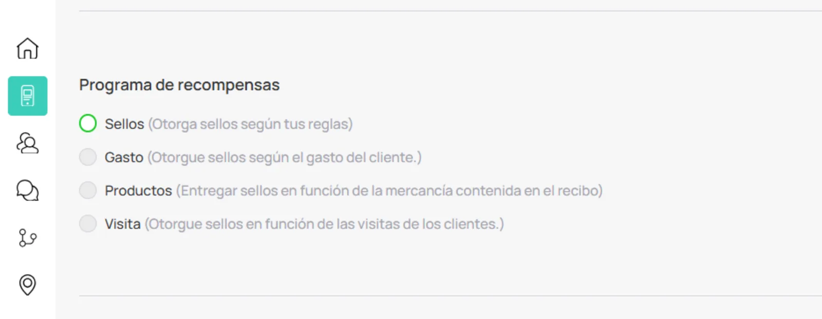 Opciones del programa de recompensas (Spend, Visit, Stamps, Products)