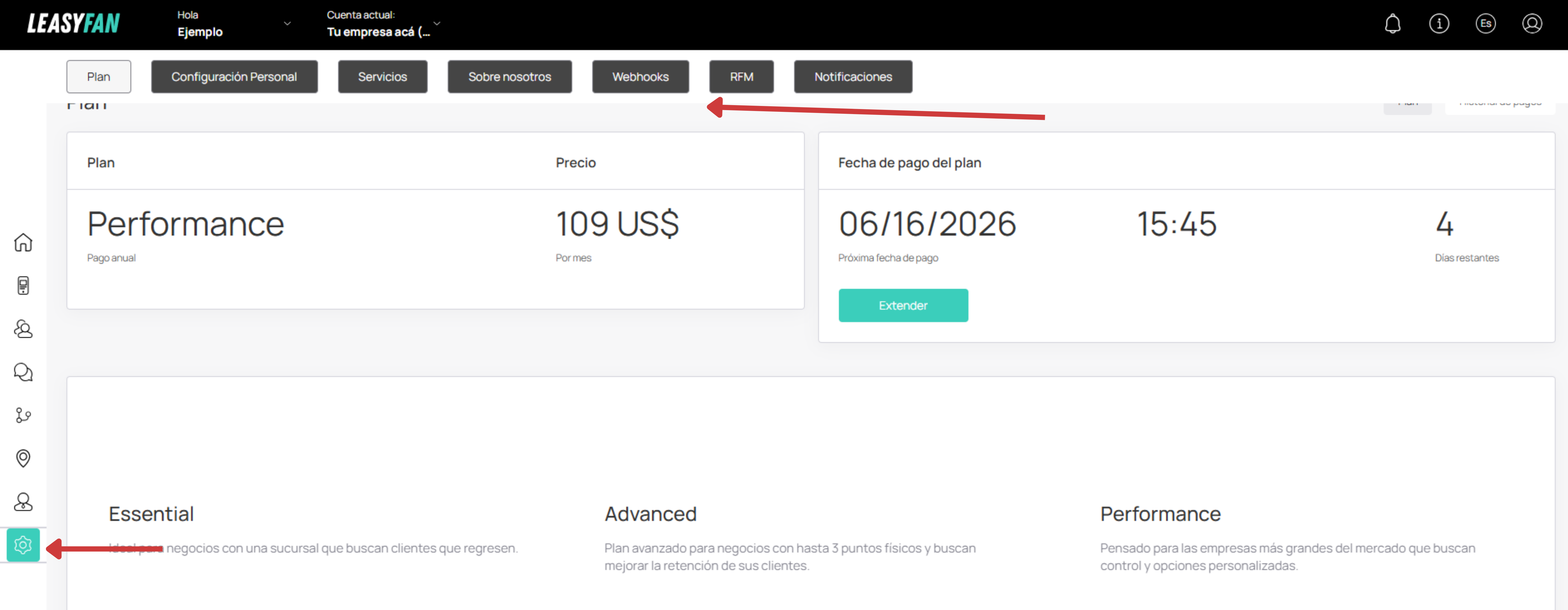 Página de Configuración con pestañas visibles