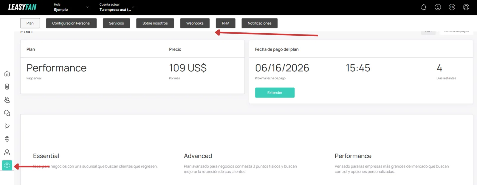 Página de Configuración con pestañas visibles