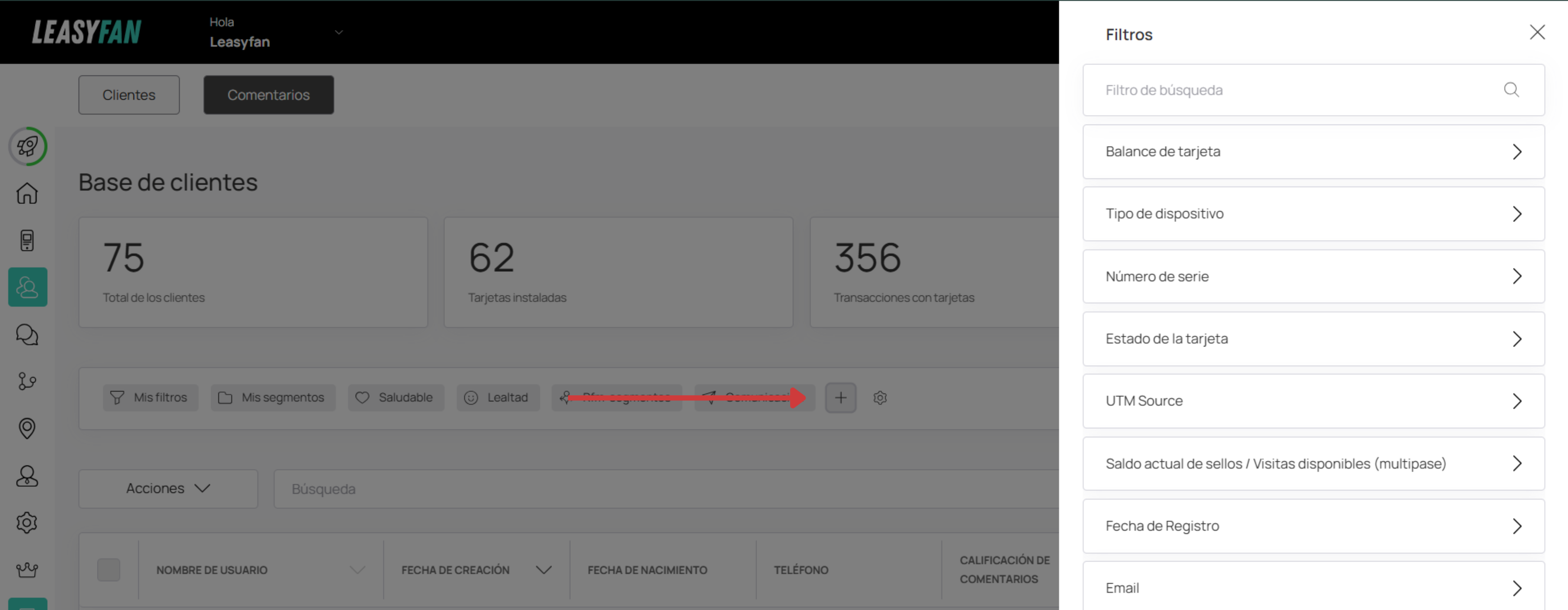 Panel de filtros de clientes