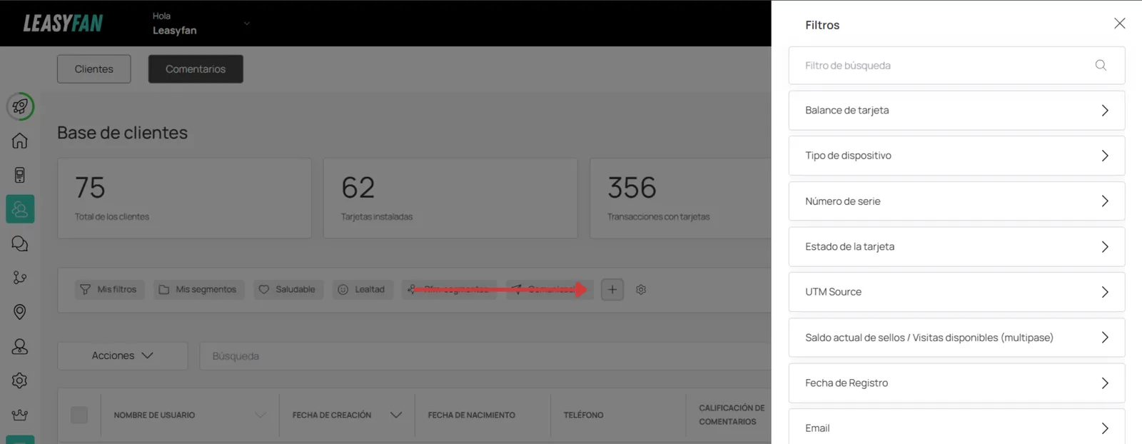 Panel de filtros de clientes