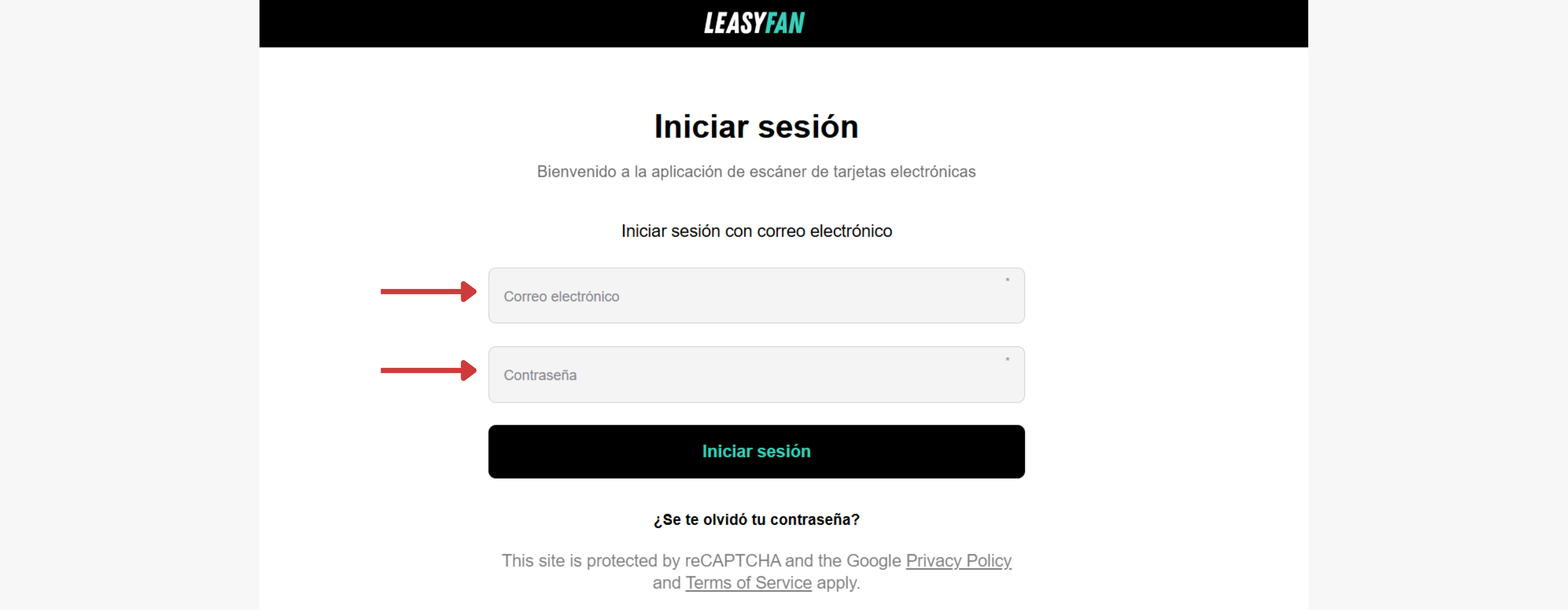Pantalla de login de la Scanner App