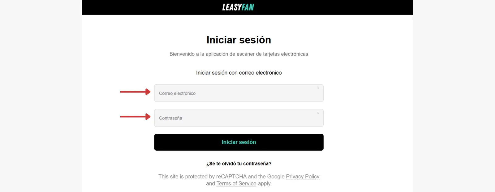 Pantalla de login de la Scanner App