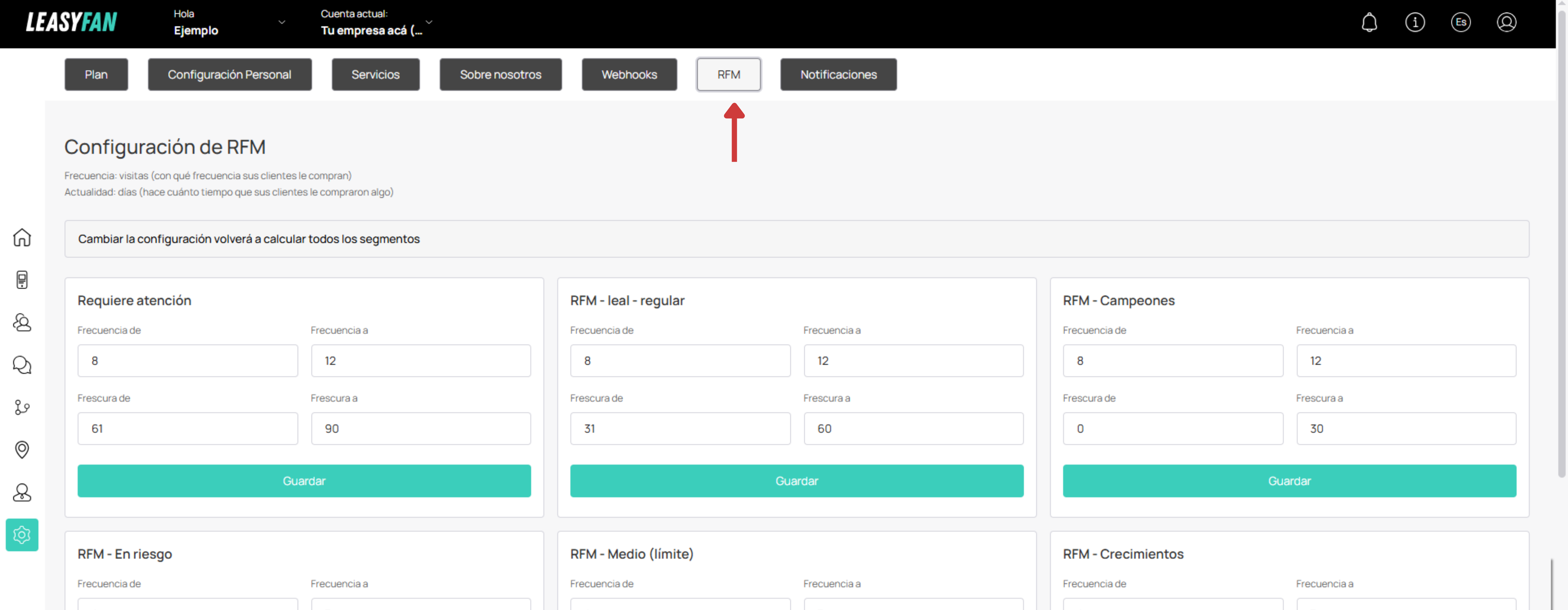Pestaña RFM, configuración de rangos
