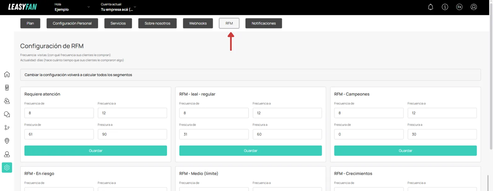 Pestaña RFM, configuración de rangos